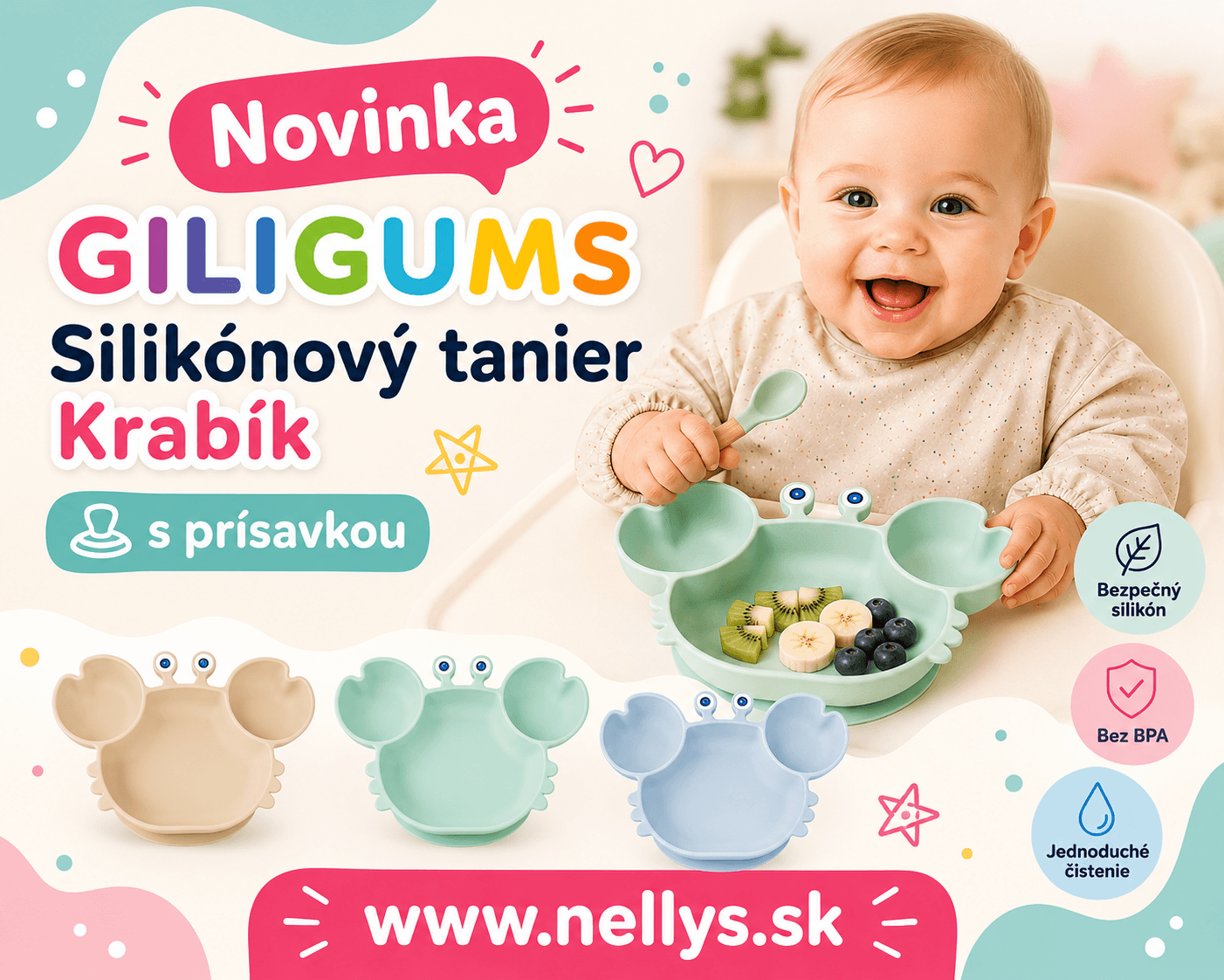 Giligums novinky pre najmenších: praktický tanier Krabík a silikónové hryzátka